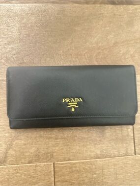 Prada Black Saffiano Continental Wallet with Gold Logo